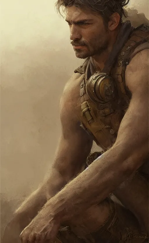 Image similar to Portrait of a rugged ranger sitting down, male, muscular, straight nose!!!, detailed face, thighs!!!, simple clothing!!!!!, fantasy, medieval, highly detailed, cinematic lighting, digital art painting by greg rutkowski