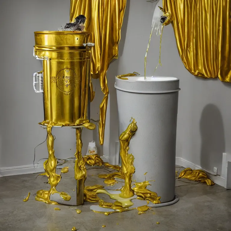 Prompt: beautiful studio photograph of a surrealist assemblage of oscar the grouch bathing in liquid gold in the presidential suite, made of watercolor - painted plaster on a pedestal by ron mueck and matthew barney and rene magritte, hysterical realism intense cinematic lighting shocking detail 8 k