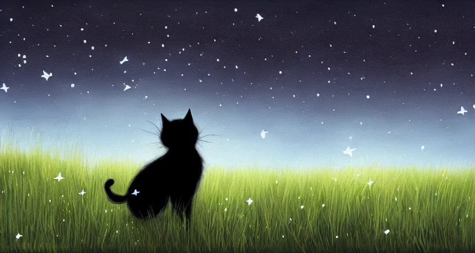 Image similar to black cat walking around in an open field at night with fireflies in the air and lots of stars in the sky, digital painting, highly detailed, magical, trending on artstation