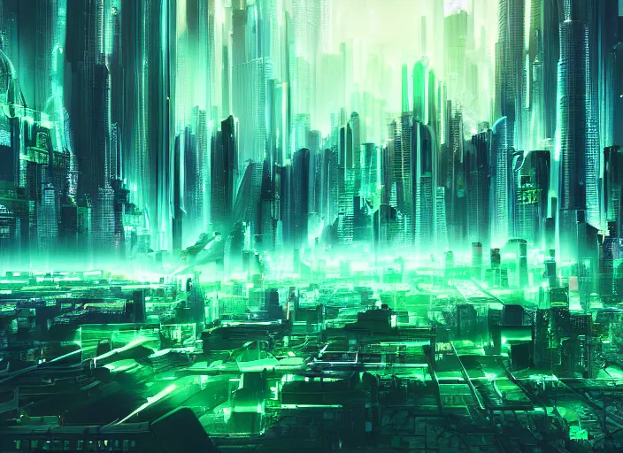 Prompt: ethereal emerald cyber city landscape, artstation, wallpapermaiden, wallpaper, unsplash, colorful