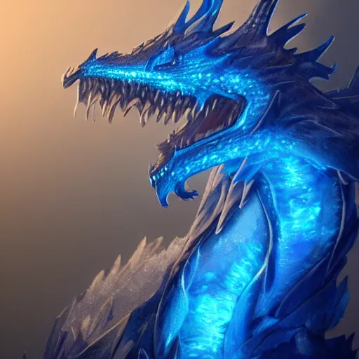 Prompt: a photorealistic anthropomorphic blue dragon with scales like ice glowing cyan neon glacier background epic cinematic low angle shot trending on artstation
