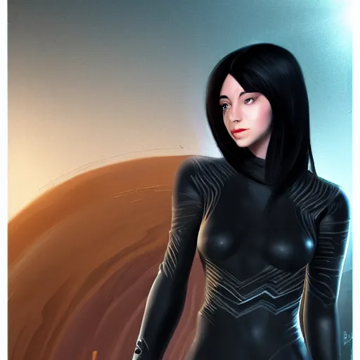 Prompt: girl in casual clothes with long black hair wearing dune - style force field, trending on artstation