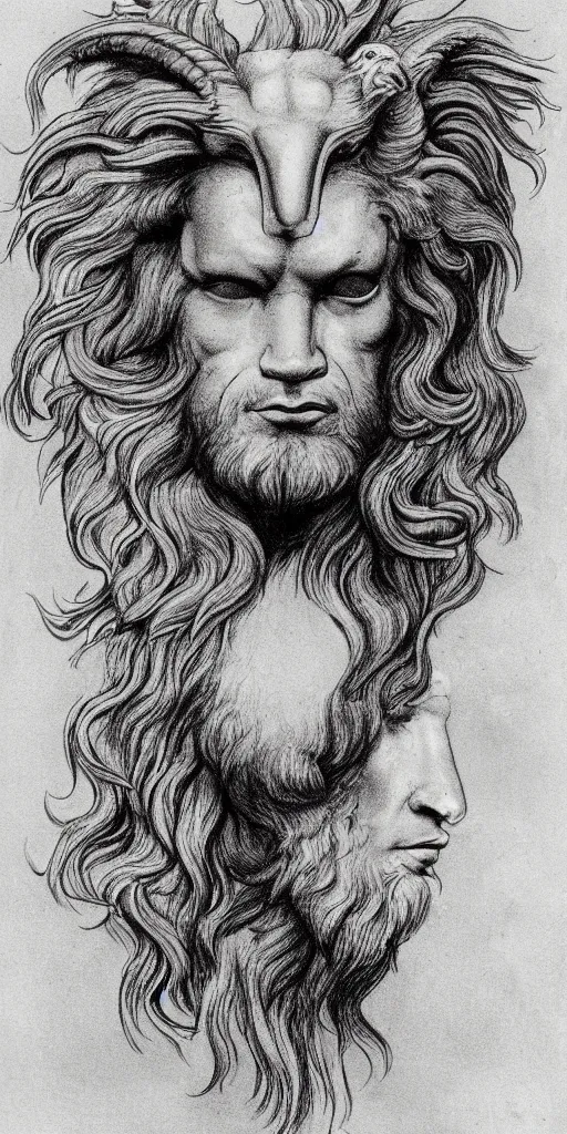 Image similar to human / eagle / lion / ox hybrid. horns, beak, mane, human body. drawn by da vinci