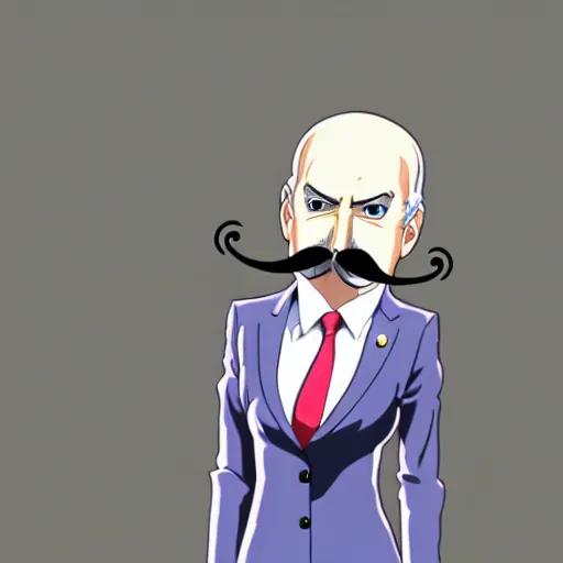 Prompt: a woman in a tight dress with a head like Alexander Lukashenko, with a mustache, Miyazaki anime style