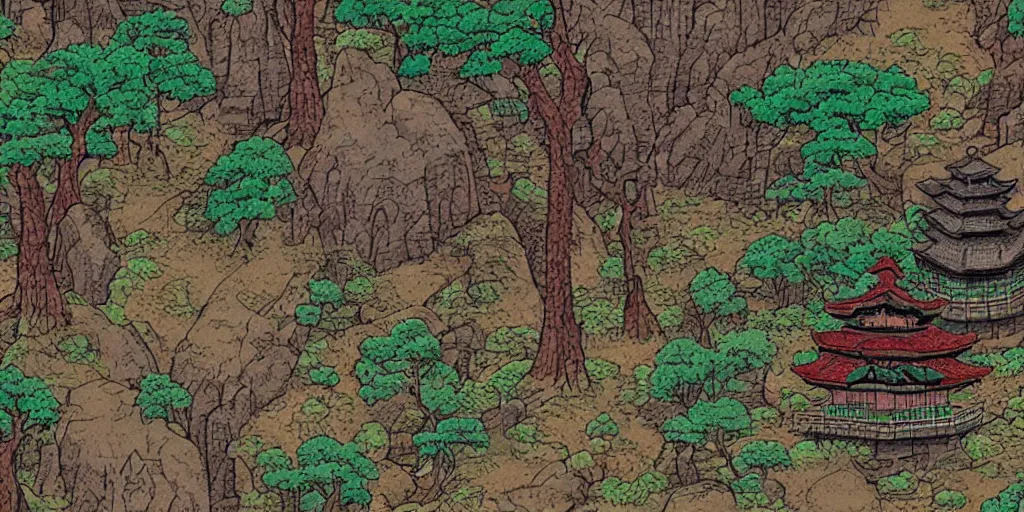 Image similar to old japanese landscape with pagoda, curved trees and rocks, detailed, pixel art