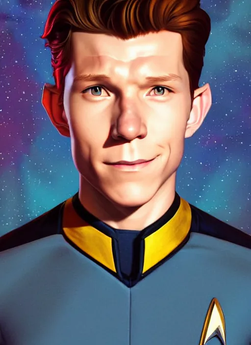 Image similar to cute star trek officer tom holland, natural lighting, path traced, highly detailed, high quality, digital painting, by don bluth and ross tran and studio ghibli and alphonse mucha, artgerm