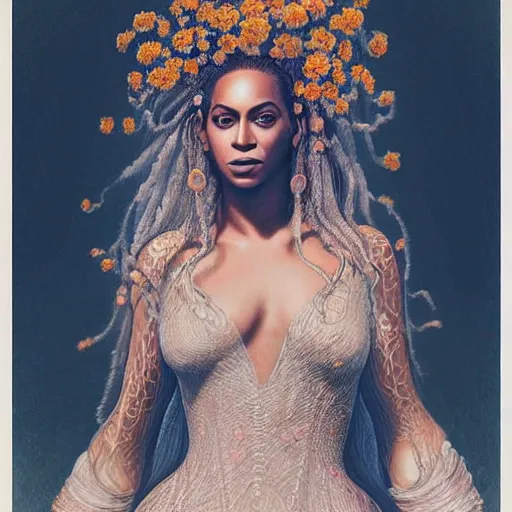 Prompt: portrait of Beyonce as a young pretty woman in flowing dress, arrogant, mysterious, long fine flowing hair, delicate, looking at camera, realistic face, intricate, stylish, elegant, grimdark, flowers, extremely detailed photograph by Martine Johanna and Ernst Haeckel and Greg Rutkowski