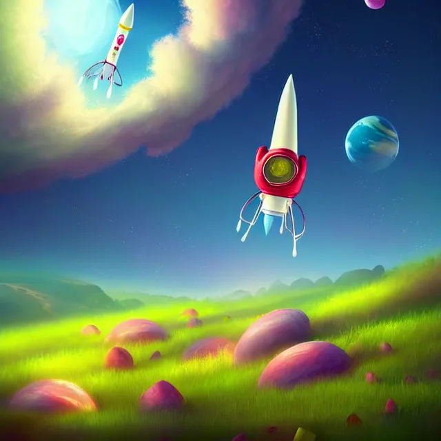 Prompt: epic professional digital art of a marshmallow rocket landing on a cheery candy planet landscape, best on artstation, breathtaking, epic, stunning, gorgeous, much detail, much wow, cgsociety, wlop, pixiv, behance, deviantart, masterpiece