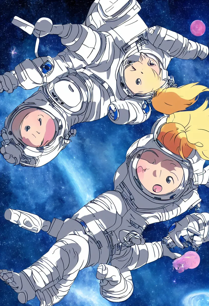 Image similar to An astronaut girl floating in the cosmo outside the space station, anime style, trending on Pixiv