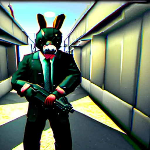 Prompt: screenshot from the pc game payday 2 ( max graphics settings ) demonstrating the fursuit unlock