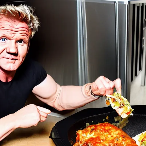 Image similar to gordon ramsay eating the food from trash bin caught on camera