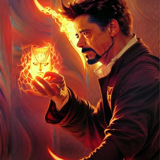 Image similar to tony stark as stunning male master wizard casting fire spell, highly detailed painting by gaston bussiere, craig mullins, j. c. leyendecker, 8 k