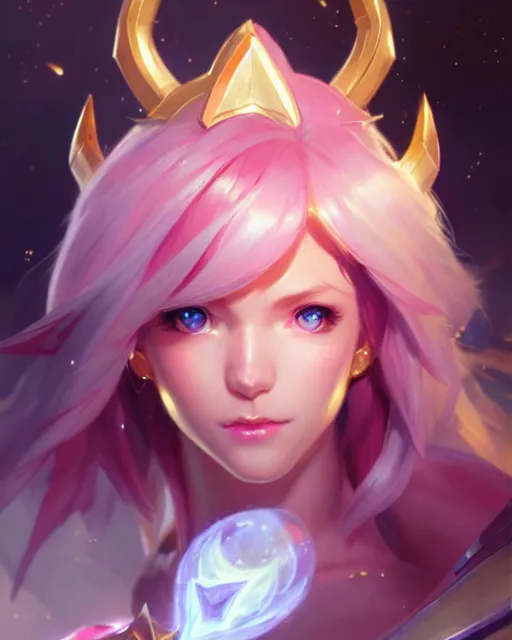 Image similar to star guardian from league of legends, character portrait, ultra realistic, very detailed face, small nose, bright eyes, cute face, concept art, intricate details, highly detailed by greg rutkowski, gaston bussiere, craig mullins, simon bisley