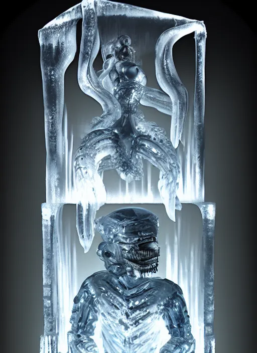 Prompt: ice sculpture by h. r. giger, victoria frances, cinematic lighting, specular highlights,