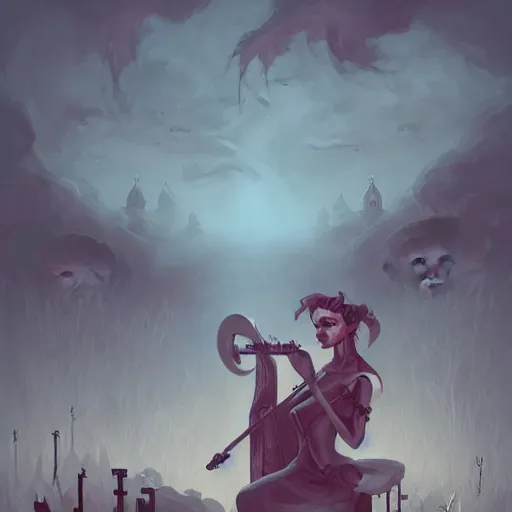 Prompt: Necromancer human with a violin standing in a field of tombs, Stylized illustration, by Peter Mohrbacher, background by Kelly Mckernan