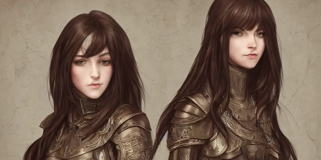 Image similar to 2 5 years old women : : dark straight hair : : brown medieval cloting, light armor, natural materials : : high detail, digital art, illustration, realistic, rpg, fantasy