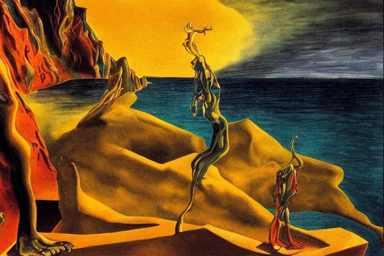 Prompt: at the edge of the abyss, bold colours, atmospheric, surrealist, golden hour, highly detailed, dramatic lighting, moody, by dali and moebius and picasso and corben and giorgio de chirico and el greco and munch