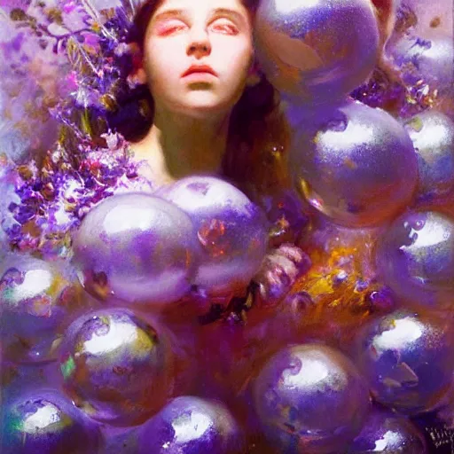 Prompt: a girl with three eyes : : on 5 translucent luminous spheres, full of floral and berry fillings, in an ocean of lavender color by john berkey