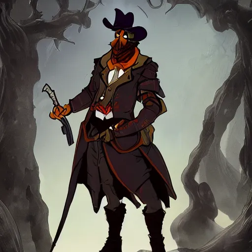 Image similar to an ultradetailed animation of darkwing duck dressed as the hunter from bloodborne, let's get dangerous, in the style animation of darkwing duck, digital art, dark fantasy, concept art, soulslike, by alphonse mucha, blood moon eclipse, wherewolves in a ruined building in the background, artstation, 8 k, unreal engine render