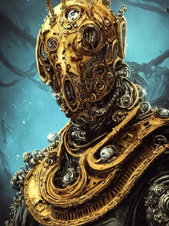 Prompt: portrait art of 8k ultra realistic undead eldritch horror corrupted king, astronaut , ornate gold crown , detailed intricate ornate armour,decaying, cybernetic, full of colour, cinematic lighting, battered, trending on artstation, 4k, hyperrealistic, focused, extreme details,unreal engine 5, cinematic, masterpiece, art by ayami kojima, giger