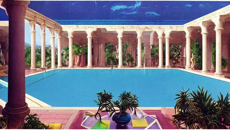 Image similar to A 1985 magazine architecture photo of a pool inside the giant Palace, mediterranean balustrade and columns, refracted lines and sparkles, thunderstorm, greek pool, beach and Tropical vegetation on the background major arcana sky and occult symbols, kitchen by paul delaroche, hyperrealistic 8k uhd, award-winning, 1985