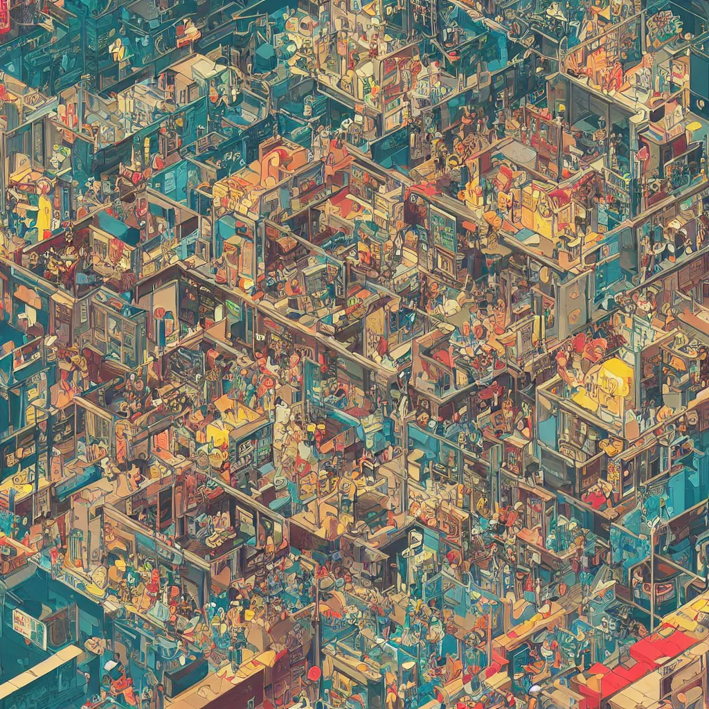 Image similar to isometric view illustration of a video games arcade, highly detailed mid day by Victo Ngai