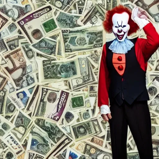 Image similar to Pennywise the clown wearing a suit and holding a stash of banknotes in his hands, full body shot