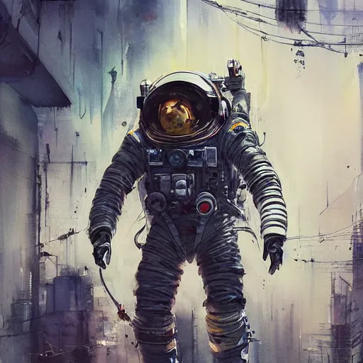 Prompt: astronaut, cyberpunk, realistic, detailed, Industrial Scifi, paint, watercolor, in the style of Ashley Wood and Wadim Kashin