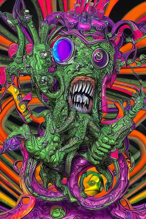 Prompt: maximalist lowbrow style overdetailed 3d sculpture of a monster by clogtwo and ben ridgway inspired by beastwreckstuff chris dyer and jimbo phillips. Cosmic horror infused retrofuturist style. Hyperdetailed high resolution. Render by binx.ly in discodiffusion. Dreamlike surreal polished render by machine.delusions. Sharp focus.