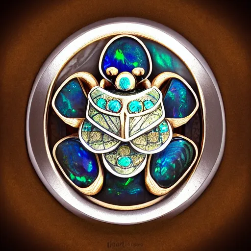 Image similar to jewelry engraved in scarab, beetle, opal diamond, art noveau, art deco, 8k , artstation, render, elegant, album art, artistic, billelis, decorative art