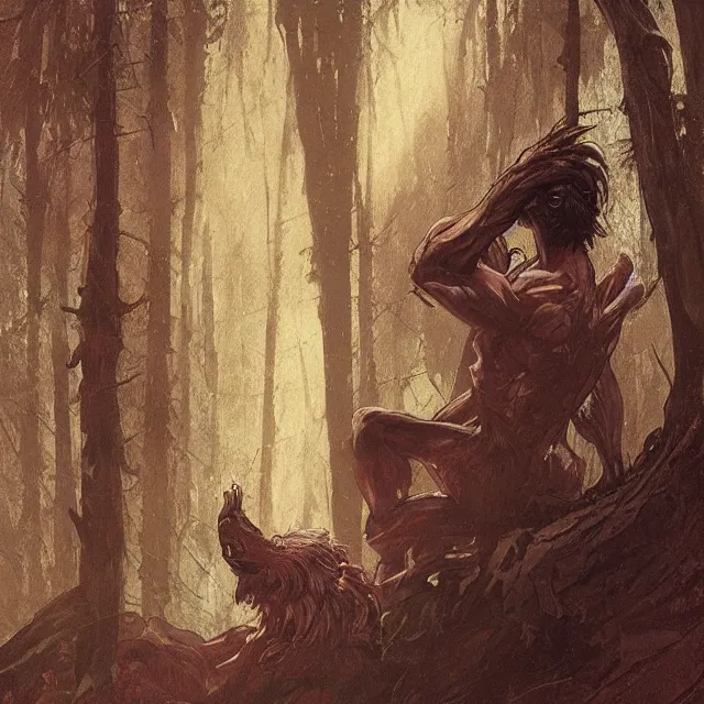 Image similar to a young fit male werewolf with long claws in a dark forest at night, by greg rutkowski and alphonse mucha, gradient brown to red, highly detailed, digital painting, artstation, concept art, smooth, sharp focus illustration
