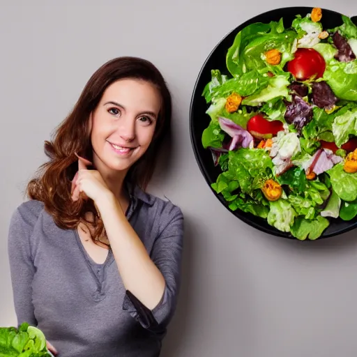 Image similar to extremely detailed professional photo, studio lighting, woman with bowl of salad