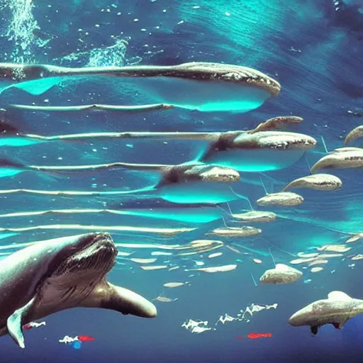Prompt: a post - climate change waterworld in which genetically modified cyborg whales form a musical underwater choir singing blissful techno songs that carries across vast distances to entertain the humans who live at the surface