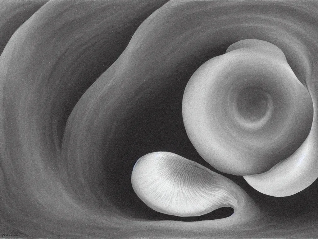 Image similar to Landscape hidden inside a conch shell. Long circular ridges, mollusk eyes. Painting by Georgia O'Keefe, Karl Blossfeldt, Caspar David Friedrich