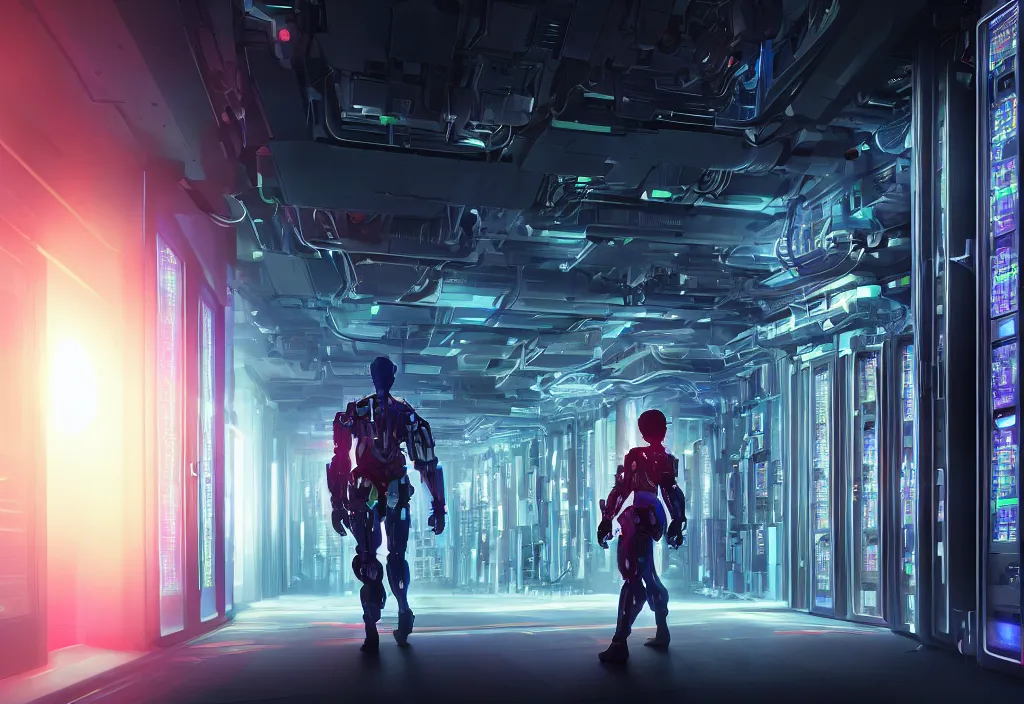 Image similar to shot of film cyborg walking in detailed server room in data center, character design, vivid color, complementary color, detailed, high quality, correct composision, correct perspective, trending on artstation, volumetric lighting, dramatic lighting by yoichi hatakenaka, cyberpunk art by asher brown durand