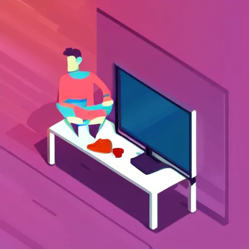 Image similar to an isometric illustration of a man watching tv, flat synthwave art style