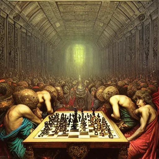 Image similar to full color and depth oil painting of the most epic chess game in all of time and space, by gustave dore, the great masters, cinematic, heavy metal album cover