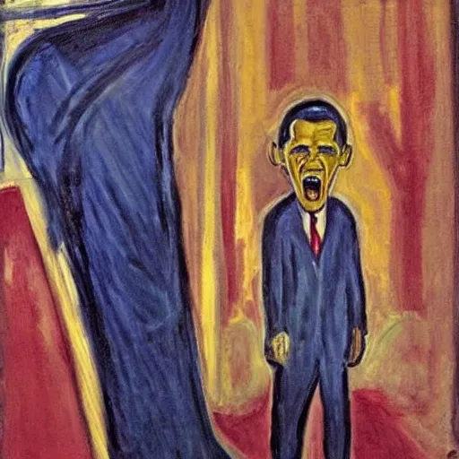 Image similar to obama and harry potter together shouting in unison on the scream edvard munch's painting, museum masterpiece, worth a lot