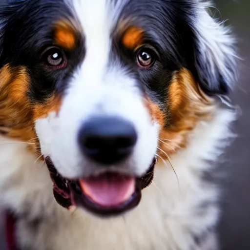 Prompt: Australian shepherd eating nuggets, 8k, super detailed, depth of field, national geographic, cinematic photography,