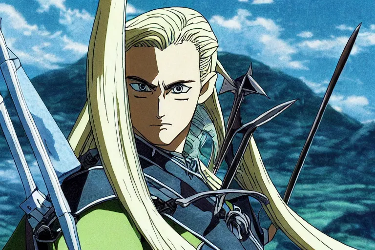 Prompt: legolas in the anime lord of the rings by studio ghibli, movie still frame, very detailed, artwork by hayao miyazaki, kentaro miura, satoshi kon, high quality, sharp image, high resolution, hd, 7 2 0 p, 4 k