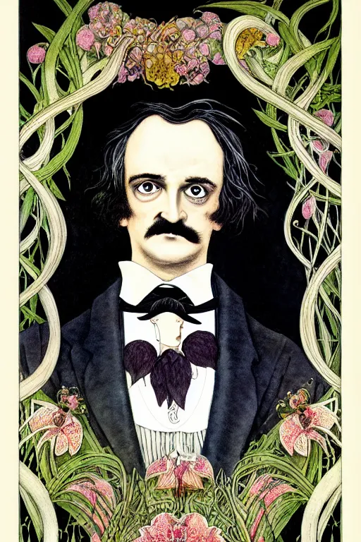 Image similar to realistic portrait of edgar allen poe in the center of an ornate orchid flower frame, detailed art by kay nielsen and walter crane, illustration style, watercolor