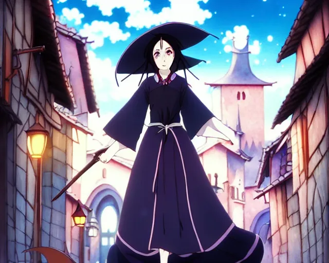 Image similar to ( ( majo no tabitabi ) ), key anime visual portrait of a young female witch walking through a busy medieval village, dynamic pose, dynamic perspective, cinematic, dramatic lighting, detailed silhouette, anime proportions, perfect anime, yoh yoshinari, ( murata range )