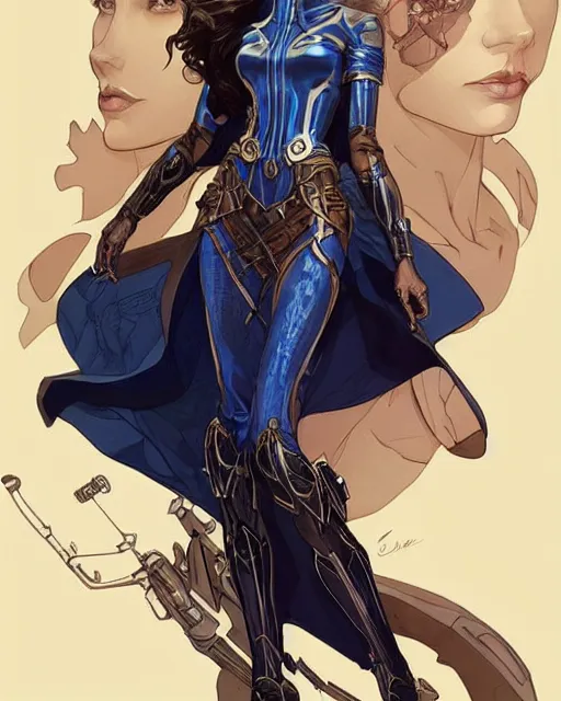 Image similar to in the style of joshua middleton, artgerm, beautiful gal gadot, steampunk, full body, blue dress, elegant pose, middle shot, spooky, symmetrical face, symmetrical eyes, detailed realisitc eyes, detailed realistic eyes, detailed and intricate