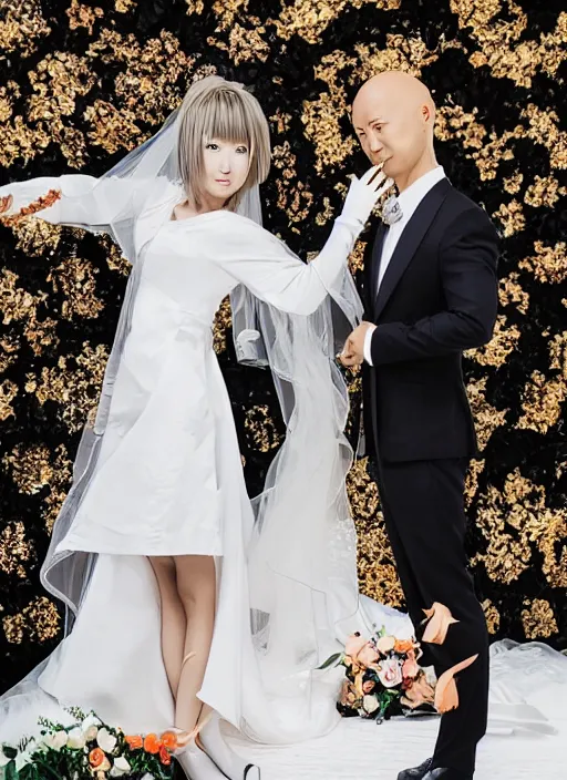 Image similar to saitama one punch man instagram couple's wedding photo shoot, closeup photo