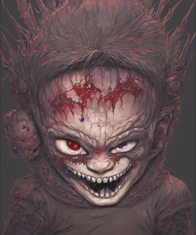 Prompt: an adorable child demon with a sinister grin in a pixar artstyle, crisp 8 k line art, digital painting, artstation, unreal engine, octane render, emissive lighting, concept art, matte, sharp focus, hyper realistic lighting, illustration, art by junto ito and takato yamamoto and philippe druillet