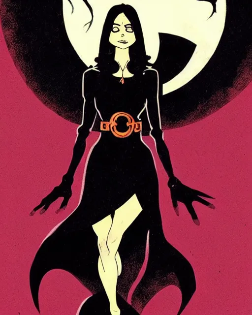 Image similar to style of mike mignola : : gorgeous willa holland : : evil witch, swirling black magic, black dress : : symmetrical face, symmetrical eyes : : full body pose : : gorgeous black hair : : magic lighting, low spacial lighting : :