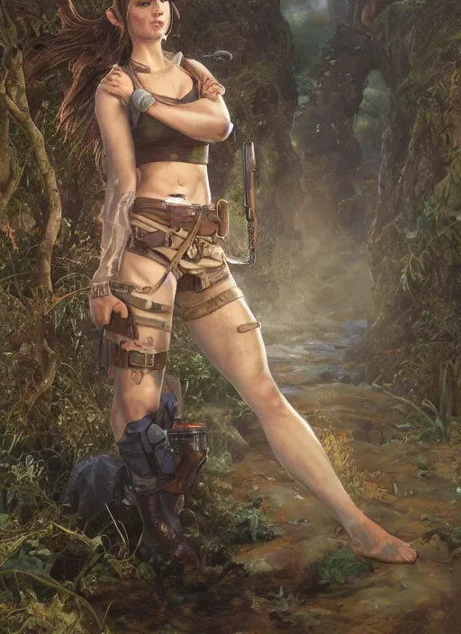 Image similar to Lara Croft posing in a crop top, golden hour, Lilia Alvarado, Sophie Anderson, Mark Arian, Bob Byerley, Charlie Bowater, Mark Brooks, Steve Henderson, Justin Gerard, Arthur Hughes, Edward Robert Hughes, Mark Keathley, Victor Nizovtsev, Carlos Shwabe, Ross Tran, WLOP