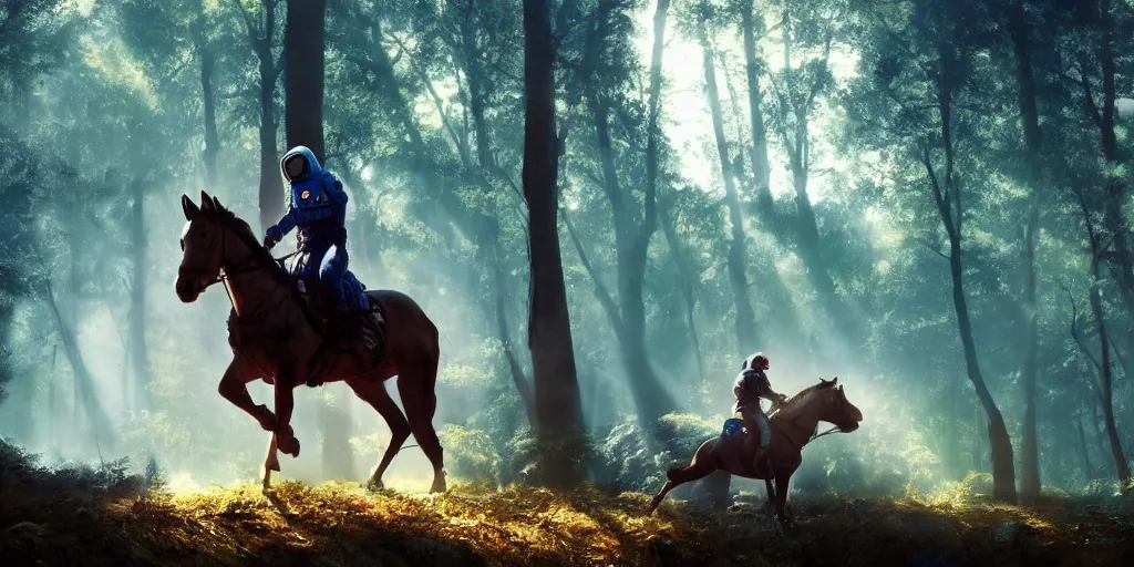 Prompt: american astronaut, riding a horse in a forest, plants environment, wide angle, cinematic lighting, atmospheric, realistic, octane render, highly detailed, color graded, in the style of craig mullins