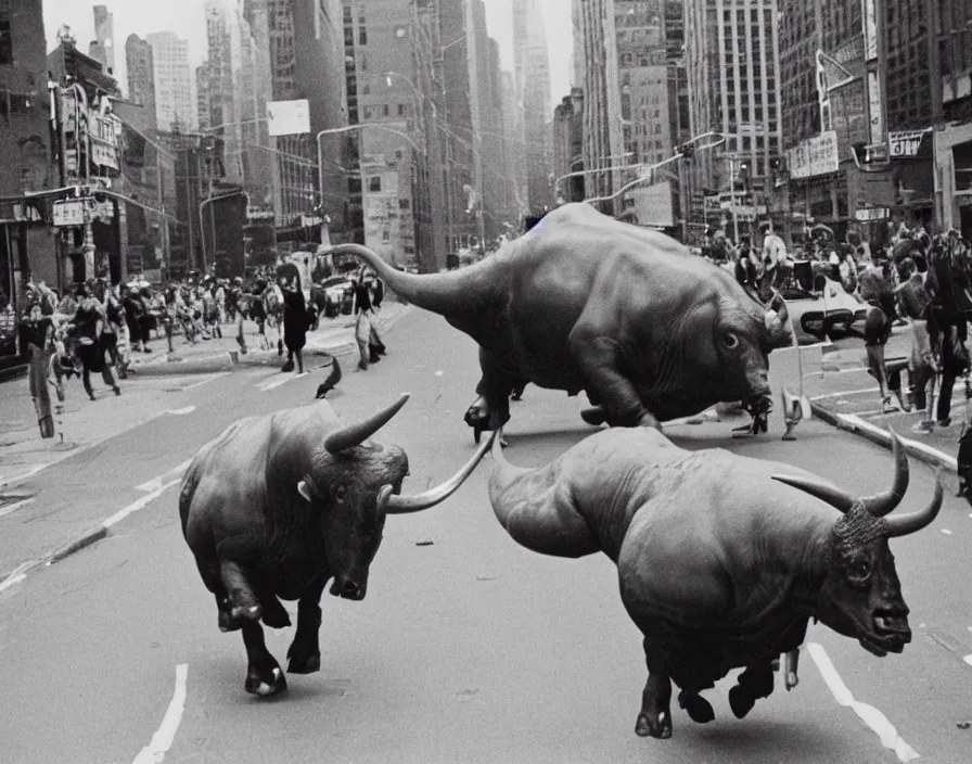 Prompt: a huge bull with the head of a dinosaur charging towards us down a New York city street, panic, people running, rioting, polaroid photo, 1980s