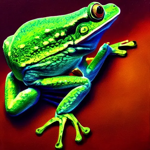 Prompt: frog looking down at his next victems, vivid colors, soft lighting, atmospheric, cinematic, moody, oil on canvas, 8 k